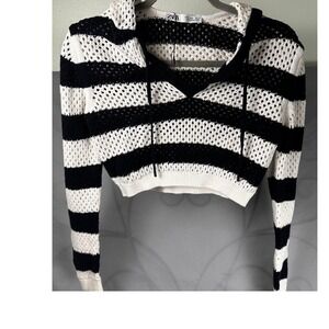 Zara Y2K Black White Striped Crochet Cropped Hoodie Mesh Fishnet Top Size Small